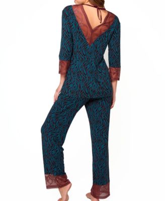 Women's Zebra Patterned 2-Pieces Pajama Set with Deep V Back, Lace Detail and Bow Accent