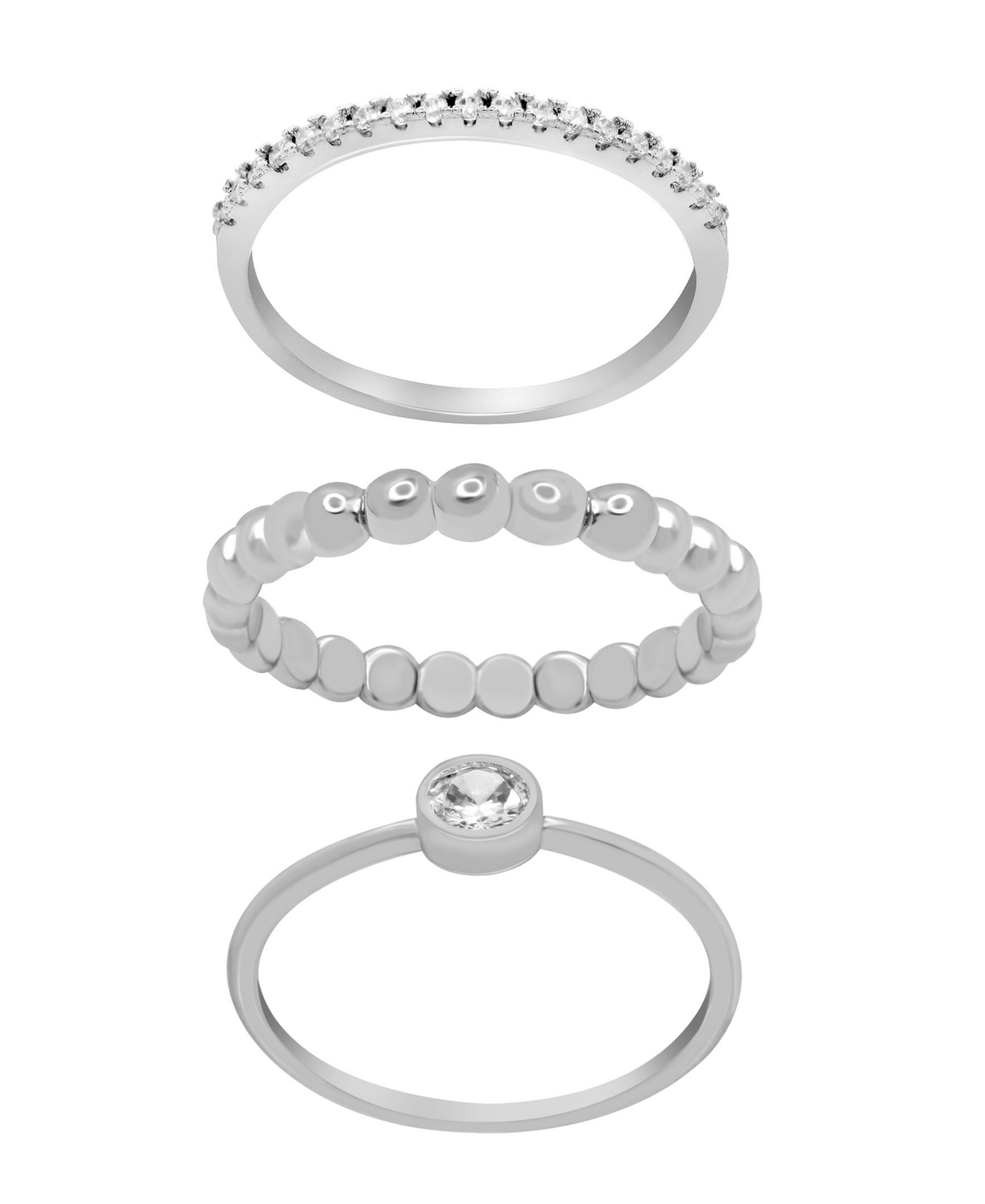 Gold Plated 3-Piece Clear Cubic Zirconia and Band Ring Set - Silver-Plated