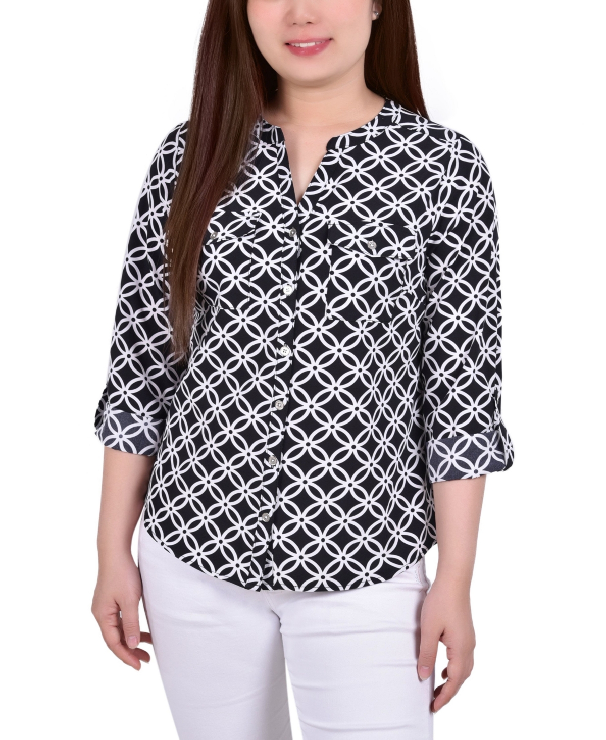 Ny Collection Women's 3/4 Roll Tab Sleeve Mandarin Collar Blouse In Black White Iconic