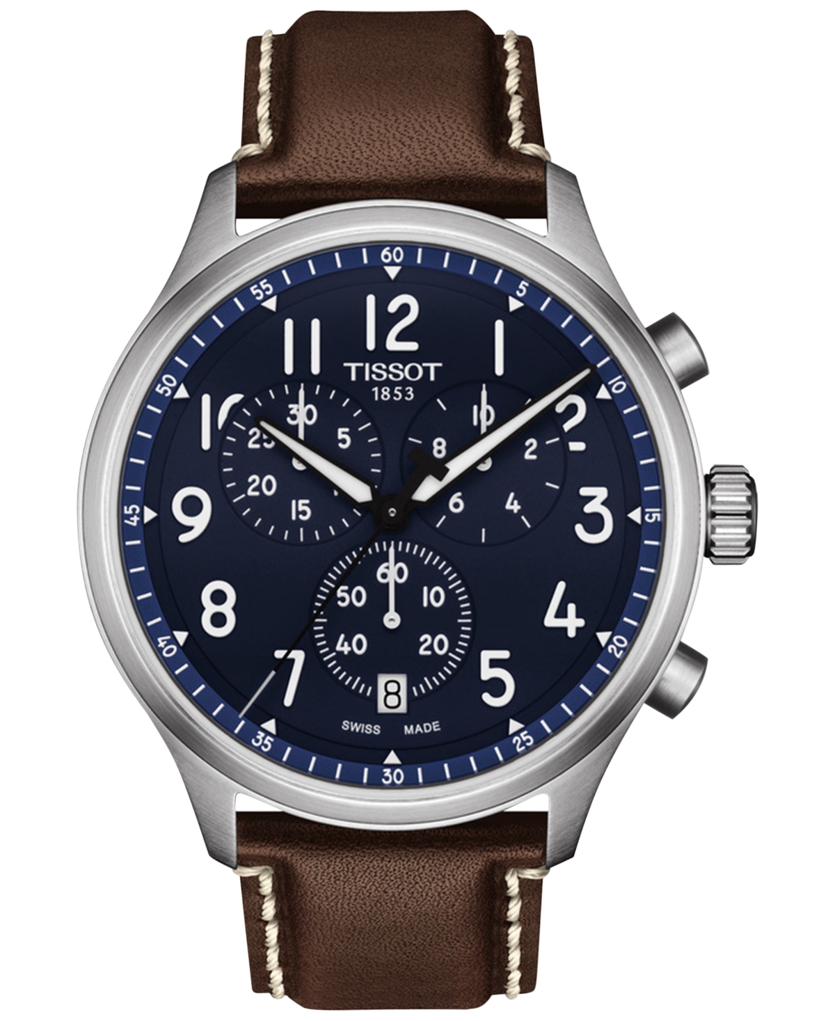 Men's Swiss Chronograph Xl Vintage Brown Leather Strap Watch 45mm - Blue