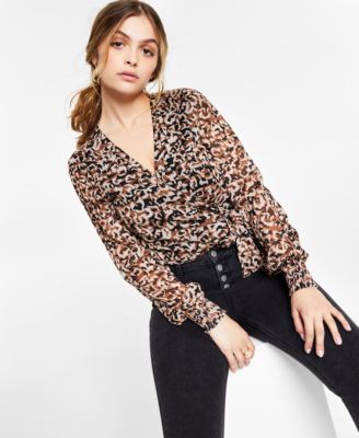 Bar III - Animal-Print Tie-Waist Wrap Blouse