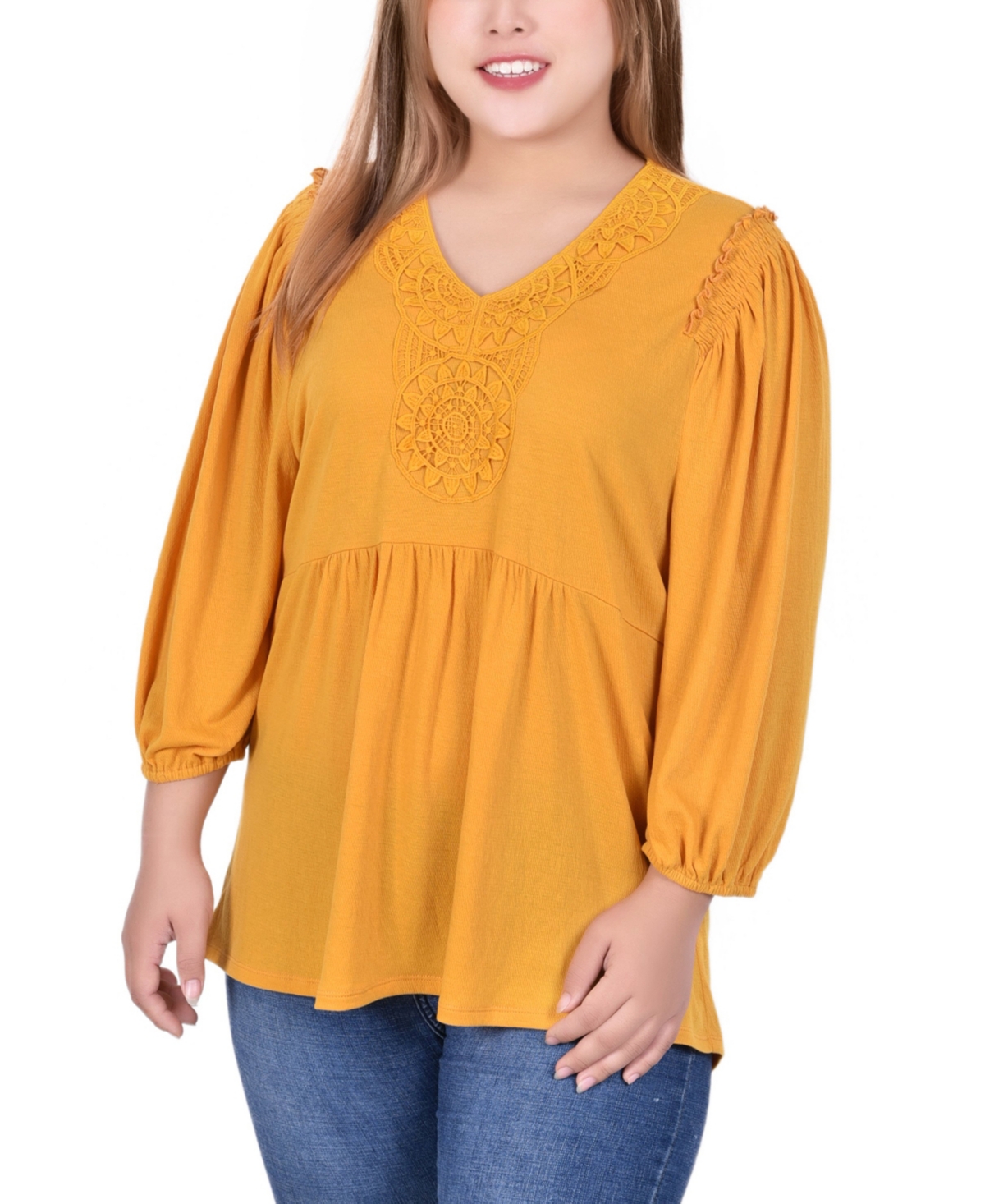 Ny Collection Plus Size 3/4 Sleeve Knit Gauze Top In Golden Glow
