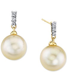 Cultured Golden South Sea Pearl (9mm) & Diamond Accent Drop Earrings in 14k Gold