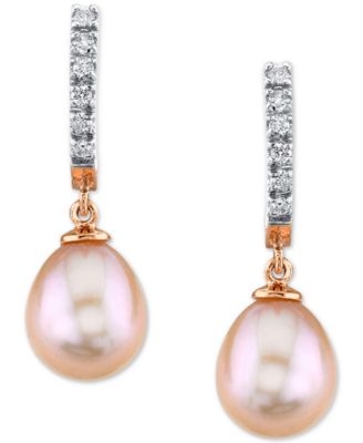 Cultured Pink Freshwater Pearl (9mm) & Diamond (1/5 ct. t.w.) Hoop Dangle Drop Earrings in 14k Rose Gold
