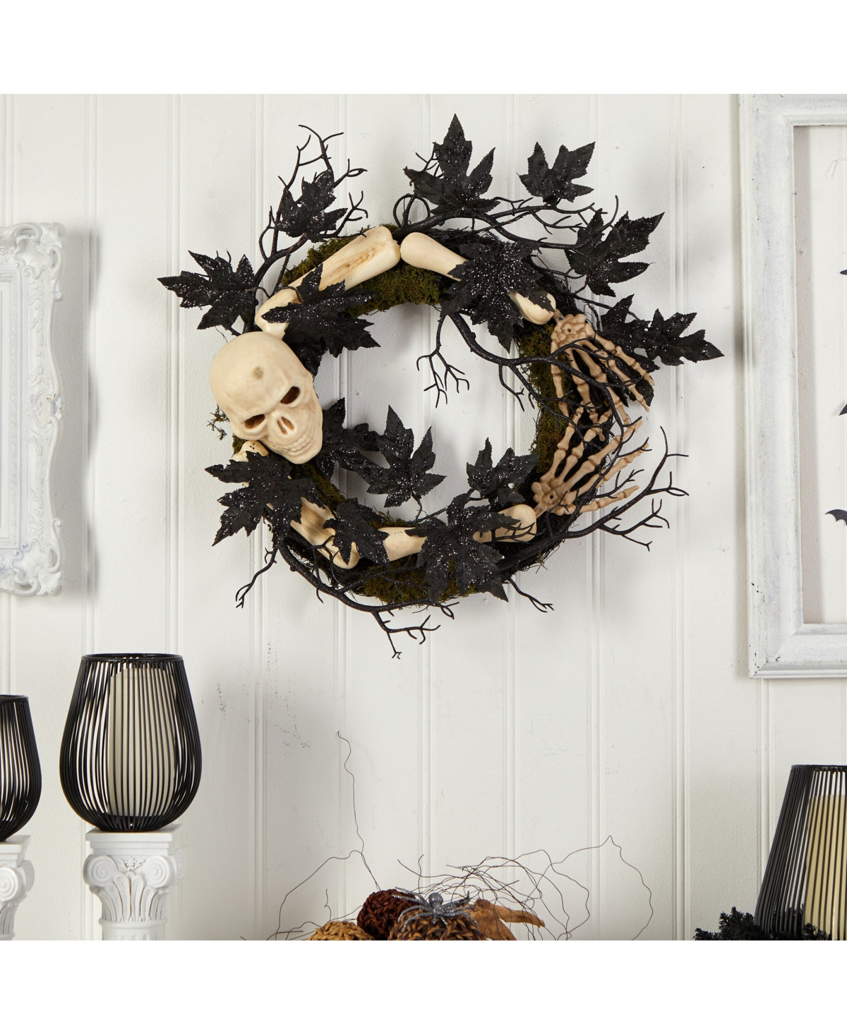 Nearly Natural 24" Halloween Skull And Bones Wreath In Black