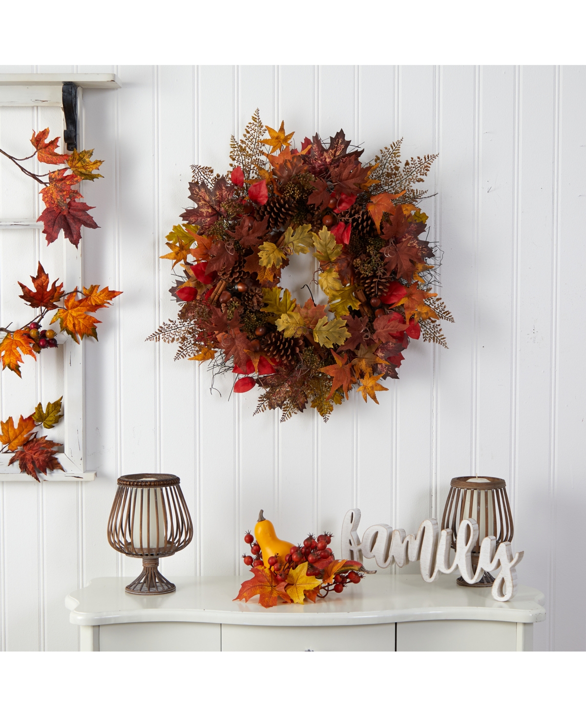 Nearly Natural 30" Autumn Maple Leaves, Acorn, Pinecones And Cinnamon Sticks Artificial Fall Wreath In Orange