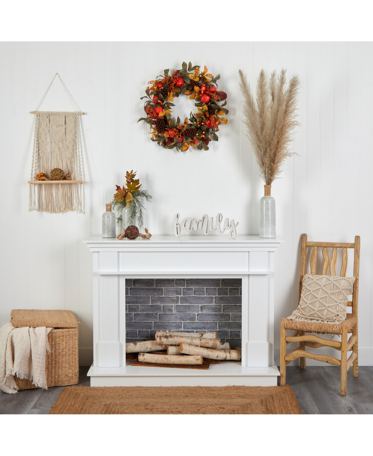 Nearly Natural 26" Autumn Persimmon And Pinecones Artificial Fall Wreath In Orange