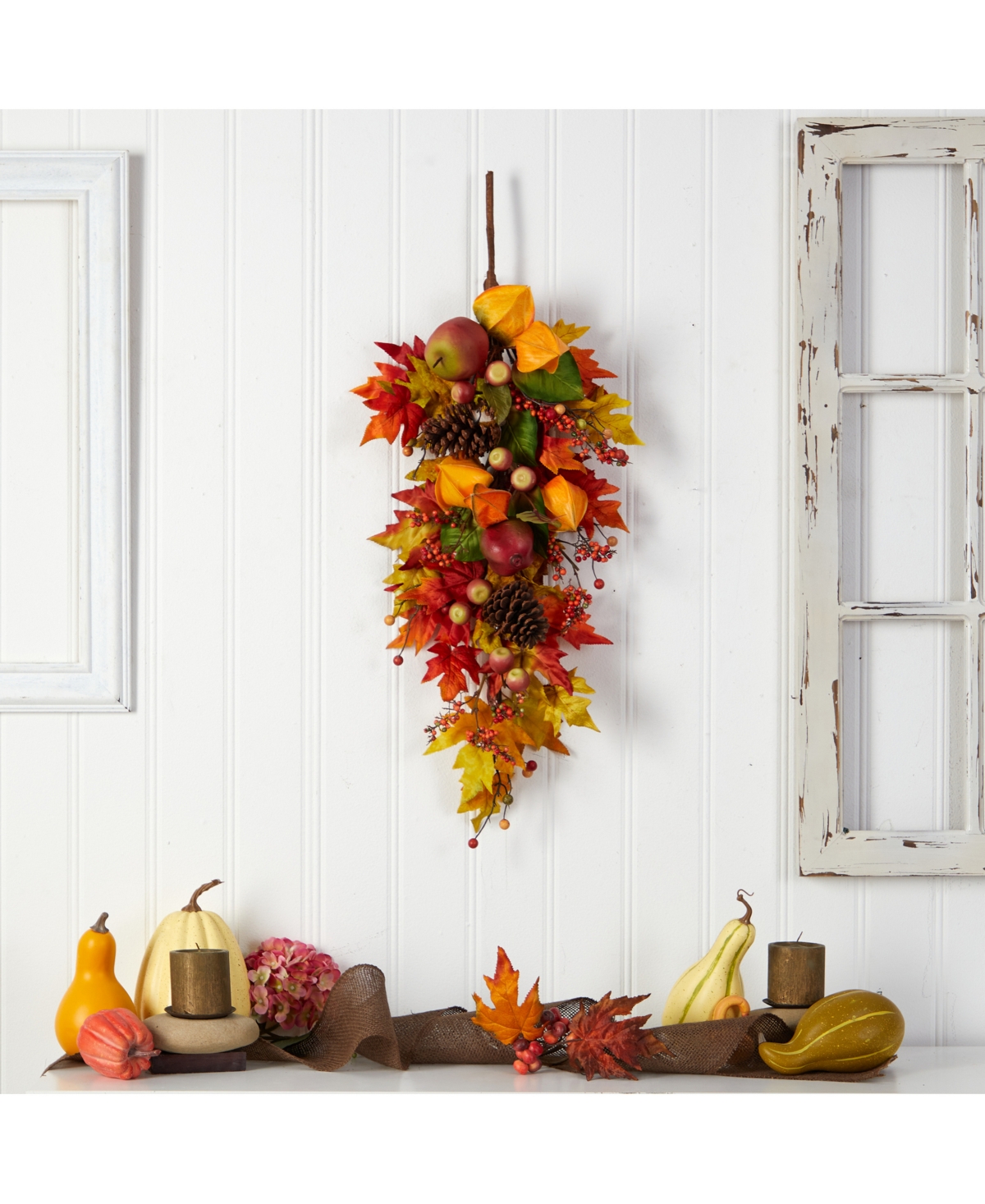 Nearly Natural 35" Autumn Maple Leaf And Berries Fall Teardrop In Orange