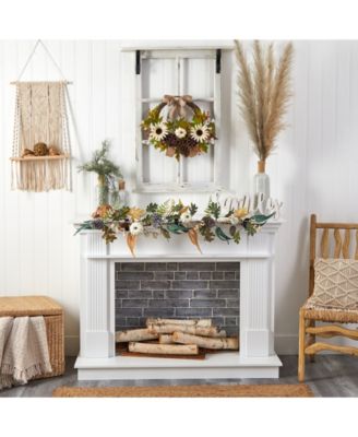 20" Autumn Sunflower, White Pumpkin and Dried Lotus Pod Artificial Fall Wreath with Decorative Bow