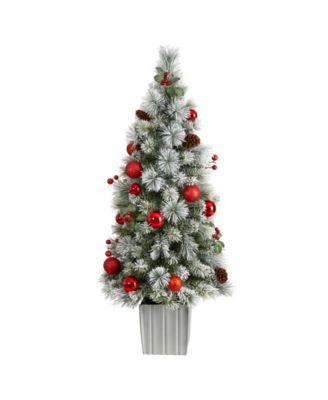 Winter Flocked Artificial Christmas Tree Pre-Lit with 50 LED Lights and Ornaments in Decorative Planter, 4'