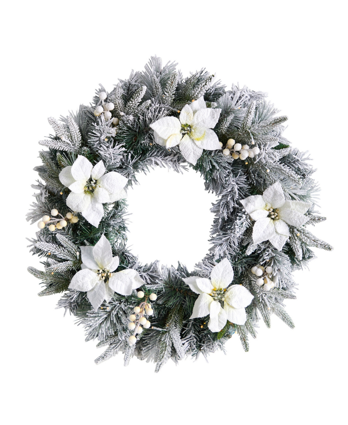 Flocked Poinsettia and Pine Artificial Christmas Wreath with 50 Warm Led Lights,