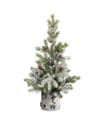 Flocked Christmas Artificial Tree in Decorative Birch Bark Planter with 30 LED Lights, 24"