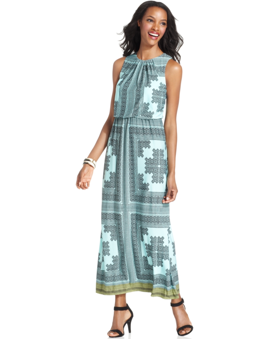 London Times Sleeveless Printed Blouson Maxi Dress   Dresses   Women