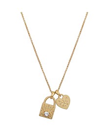 14Kt Gold Flash Plated Crystal Evil Eye Lock and Heart Pendant Necklace