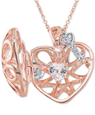 White Topaz Heart Lock & Key 18" Pendant Necklace in Sterling Silver & 18k Rose Gold-Plate