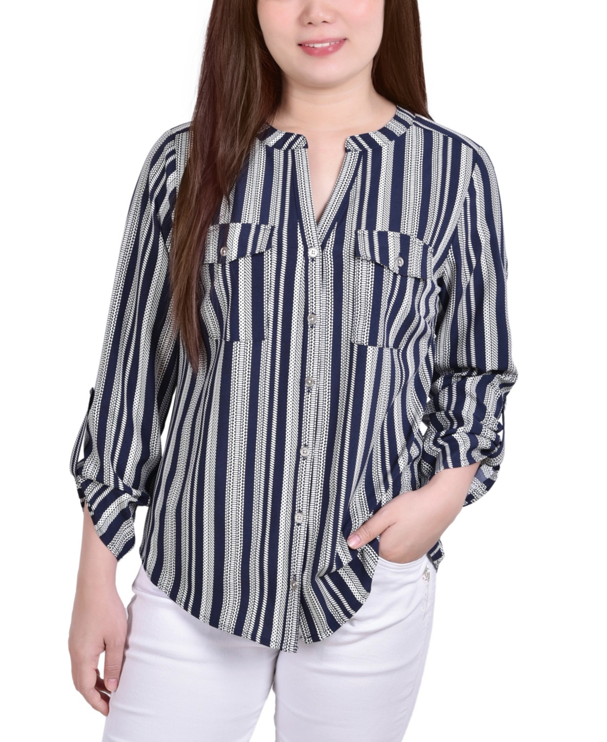 Ny Collection Petite 3/4 Sleeve Roll Tab Y Neck Blouse In Navy,white Stripe