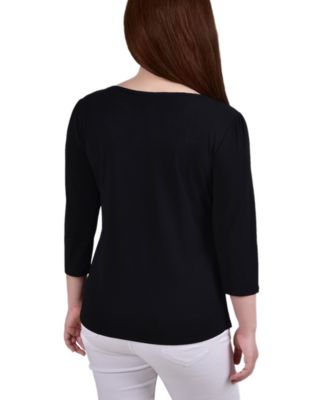 売れ筋商品|||ニューヨークコレクション カットソー トップス レディース Petite 3/4 Sleeve Top with Neckline Cutouts and Stones Black NY Collection Petite 3/4 Sleeve Crepe Knit Top - Macy's