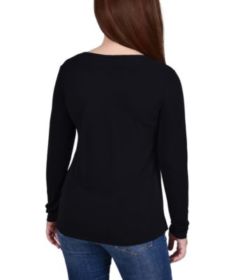 Petite Long Sleeve Studded Colorblocked Split Neck Top