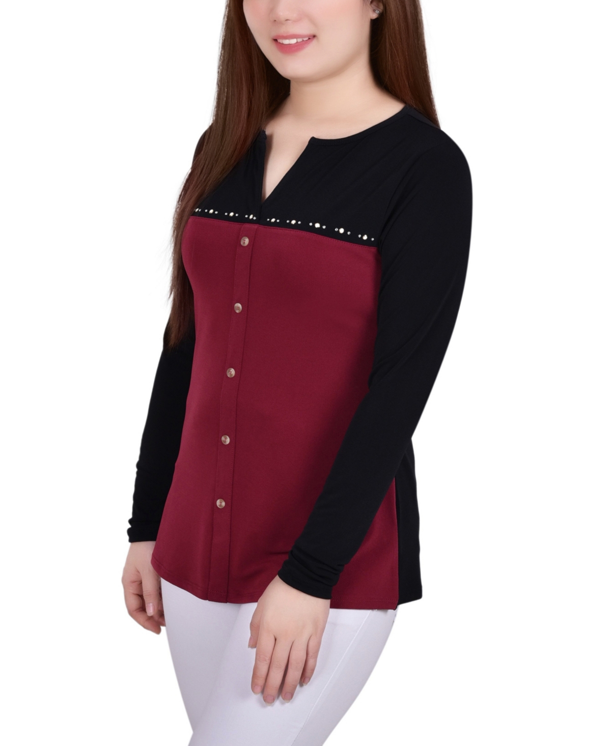 Ny Collection Petite Long Sleeve Studded Colorblocked Split Neck Top
