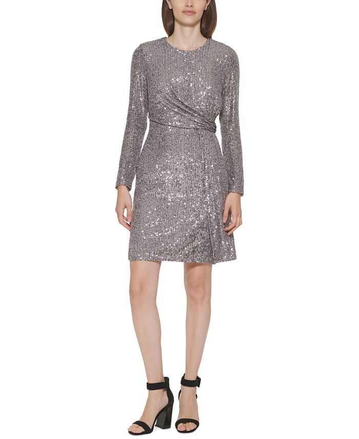 Calvin Klein Sequined Gathered-Waist Dress - Macy's