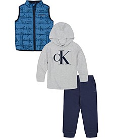Toddler Boys Monogram Vest, Hooded T-shirt and Fleece Joggers, 3 Piece Set