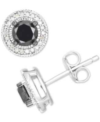 Macy's - Black Diamond (7/8 ct. t.w.) & White Diamond (1/10 ct. t.w.) Halo Stud Earrings in Sterling Silver