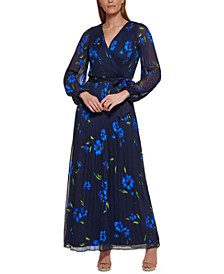 Floral-Print Balloon-Sleeve Pleated Gown