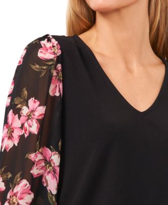 CeCe Women's 3/4-Floral Sleeve V-Neck Blouse - Macy's