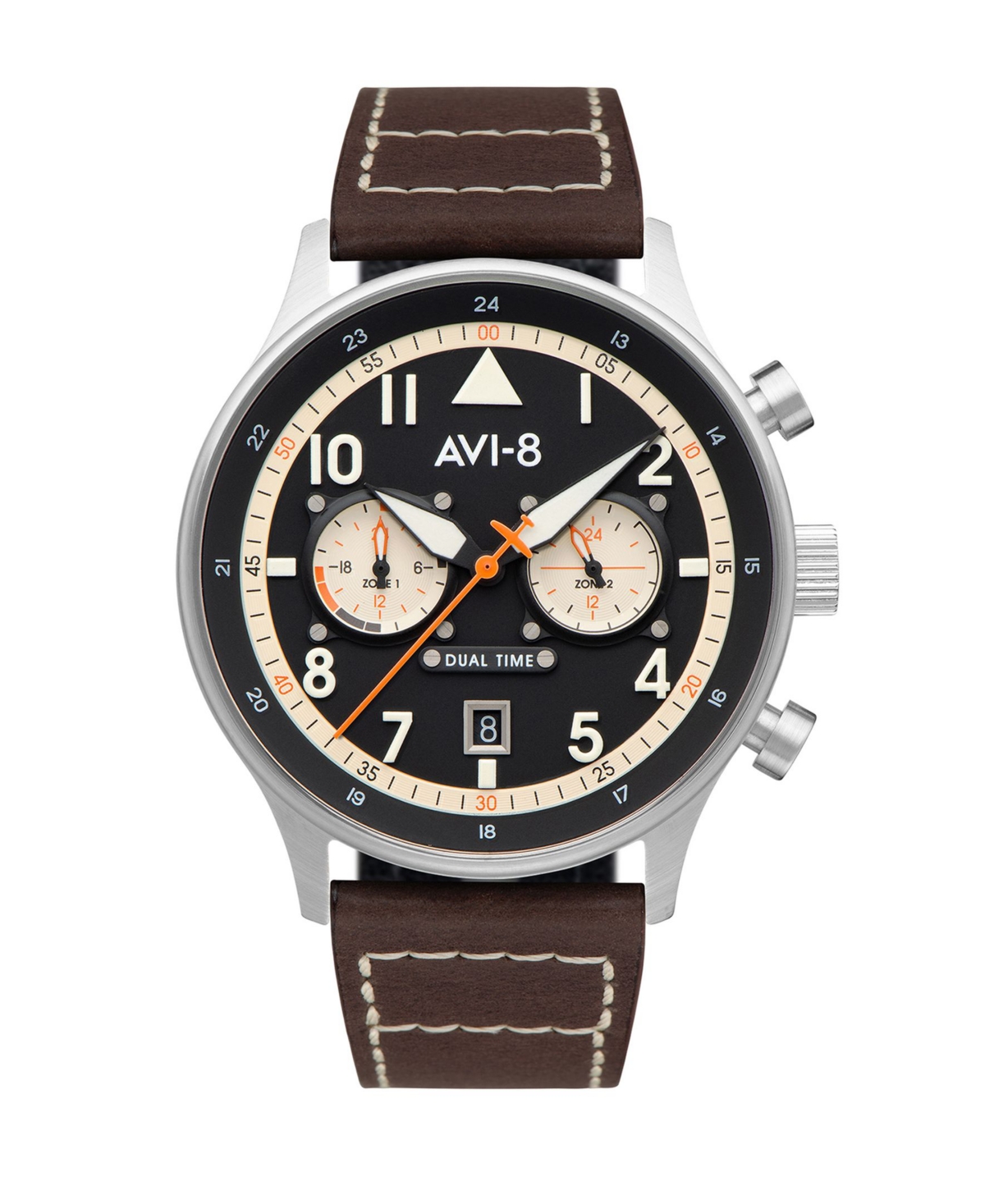Men's Hawker Hurricane Carey Dual Time Manston Brown Genuine Leather Strap Watch 43mm - Brown
