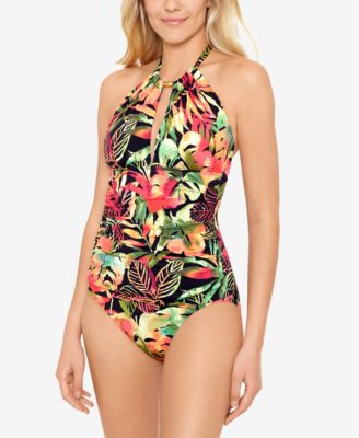 로렌 랄프로렌 Lauren Ralph Lauren High-Neck Tummy-Control One-Piece Swimsuit,Midnight Tropical