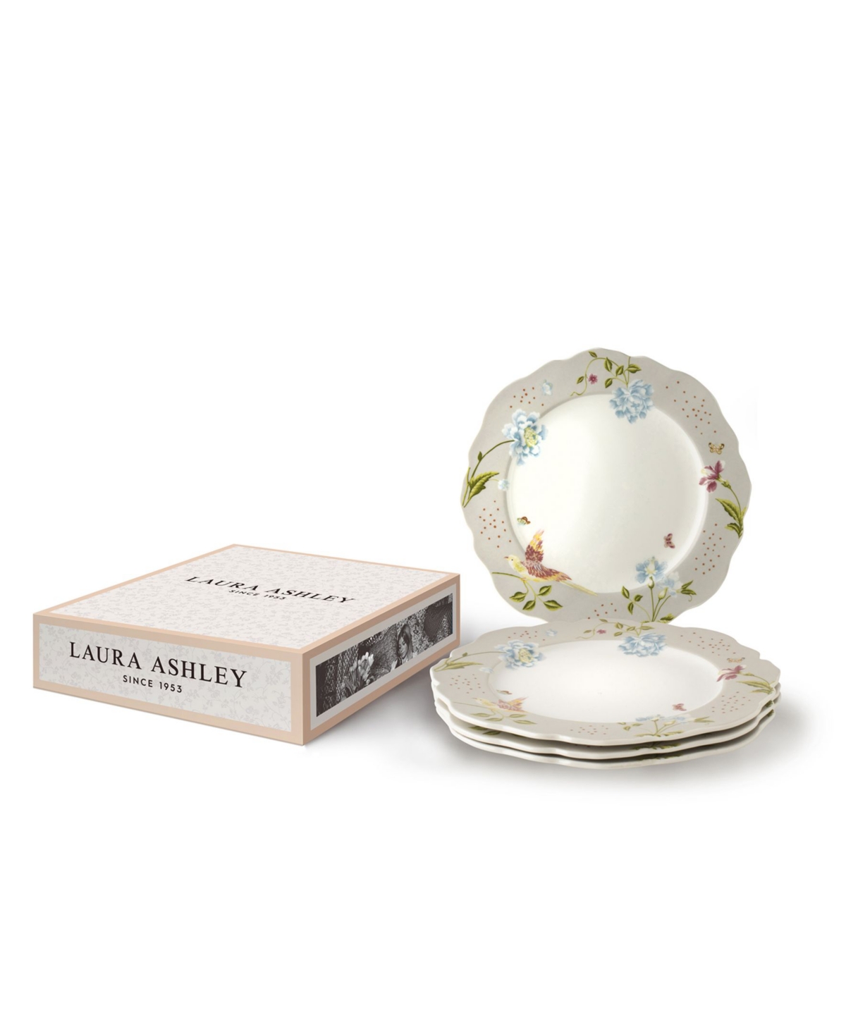 Closeout! Laura Ashley Heritage Collectables Cobblestone Pinstripe Irregular Plates in Gift Box, Set of 4 - White with Beige