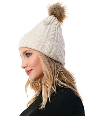 Women's Cable Knit Faux Fur Pom Beanie