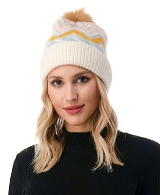 Women's Chevron Faux Fur Pom Cuff Beanie