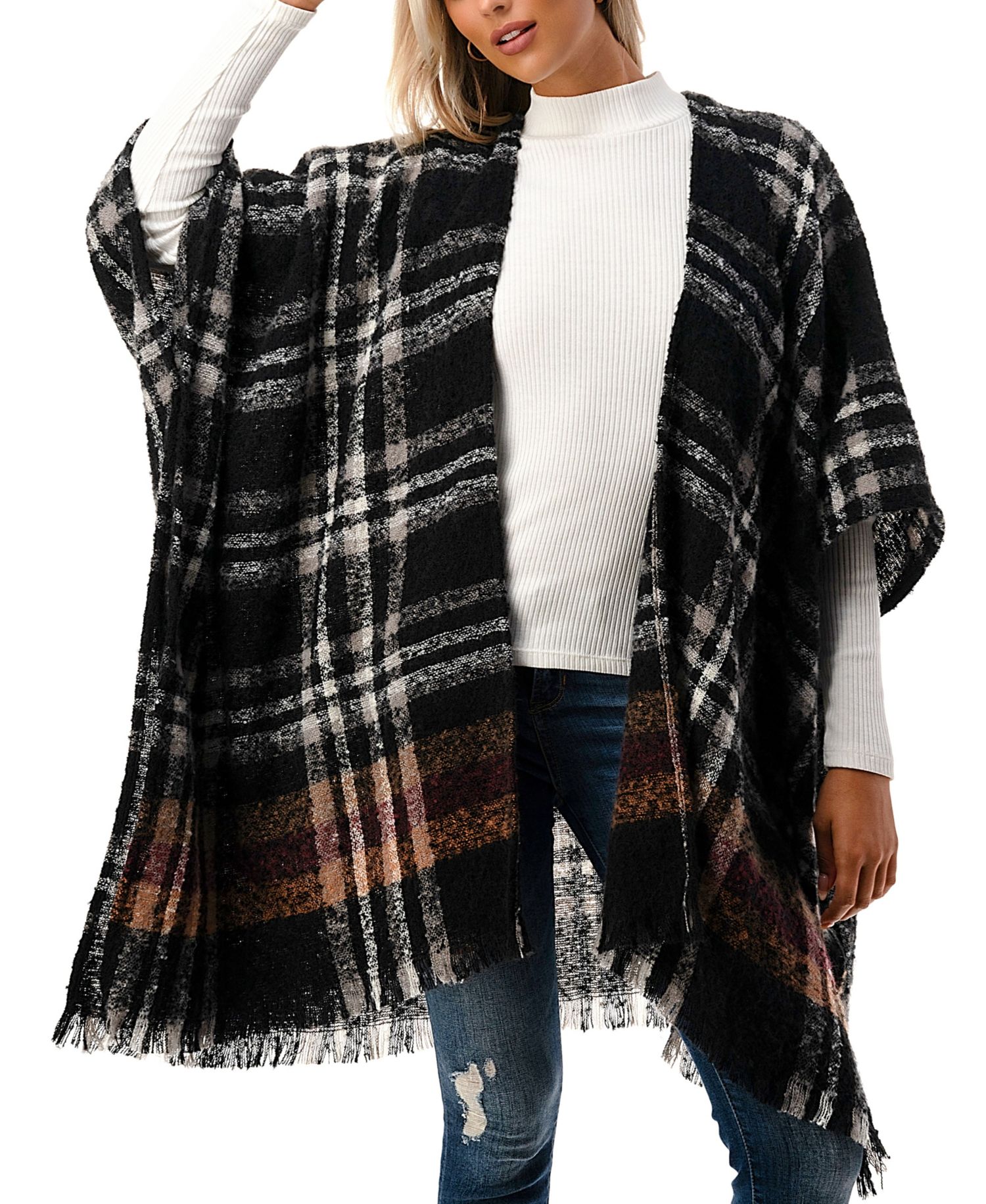 Women's Open-Front Plaid Fringe-Trim Kimono