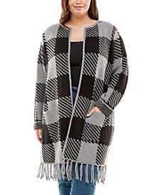 Plus Size Long Sleeve Cardigan with Fringe Trim and Patch Pockets