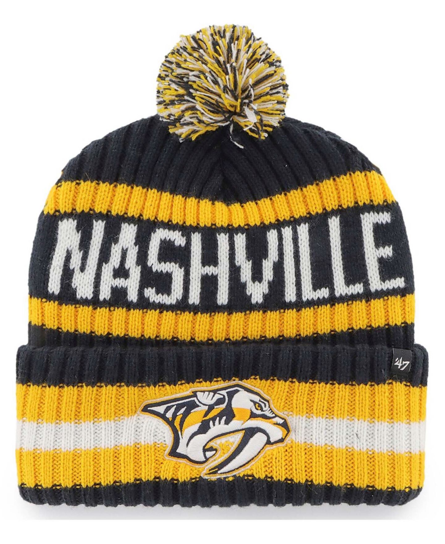Мужская шапка '47 Brand Navy Nashville Predators Bering Cuffed Knit Hat with Pom — фото 3