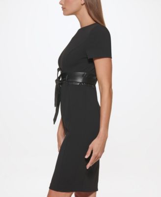 Solid Faux-Leather Tie-Waist Sheath Dress