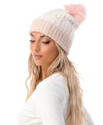 Women's Lurex Colorblock Faux Fur Pom Beanie