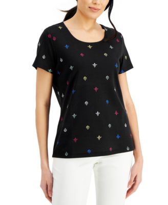 Karen Scott - Filigree Flight Short-Sleeve Scoop-Neck Top, Created for Macy's