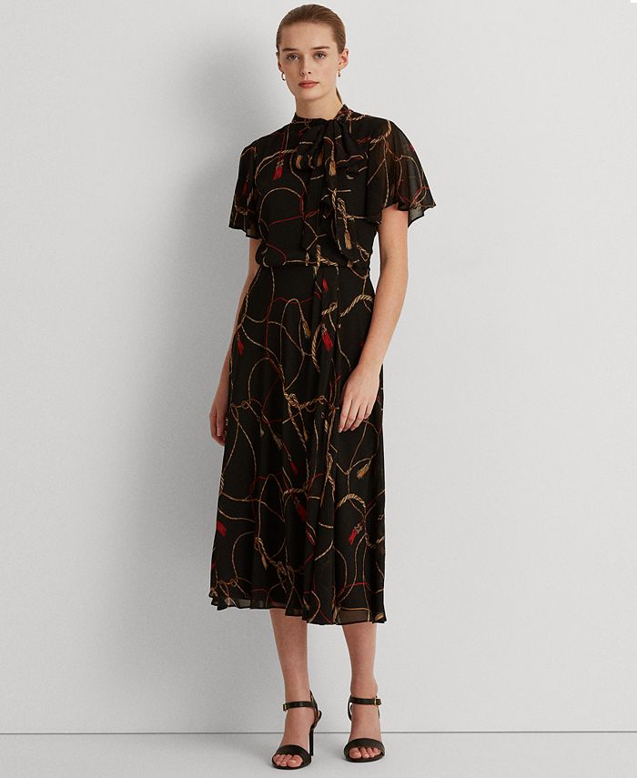 Lauren Ralph Lauren Tassel-Print Georgette Tie-Neck Dress - Macy's