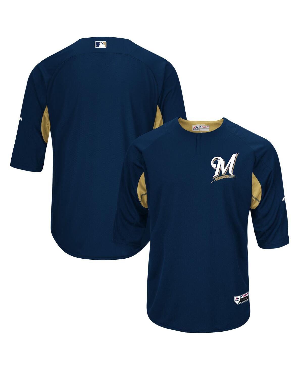 Men's Navy and Gold-Tone Milwaukee Brewers Authentic Collection On-Field 3 and 4-Sleeve Batting Practice Jersey - Navy, Gold-Tone