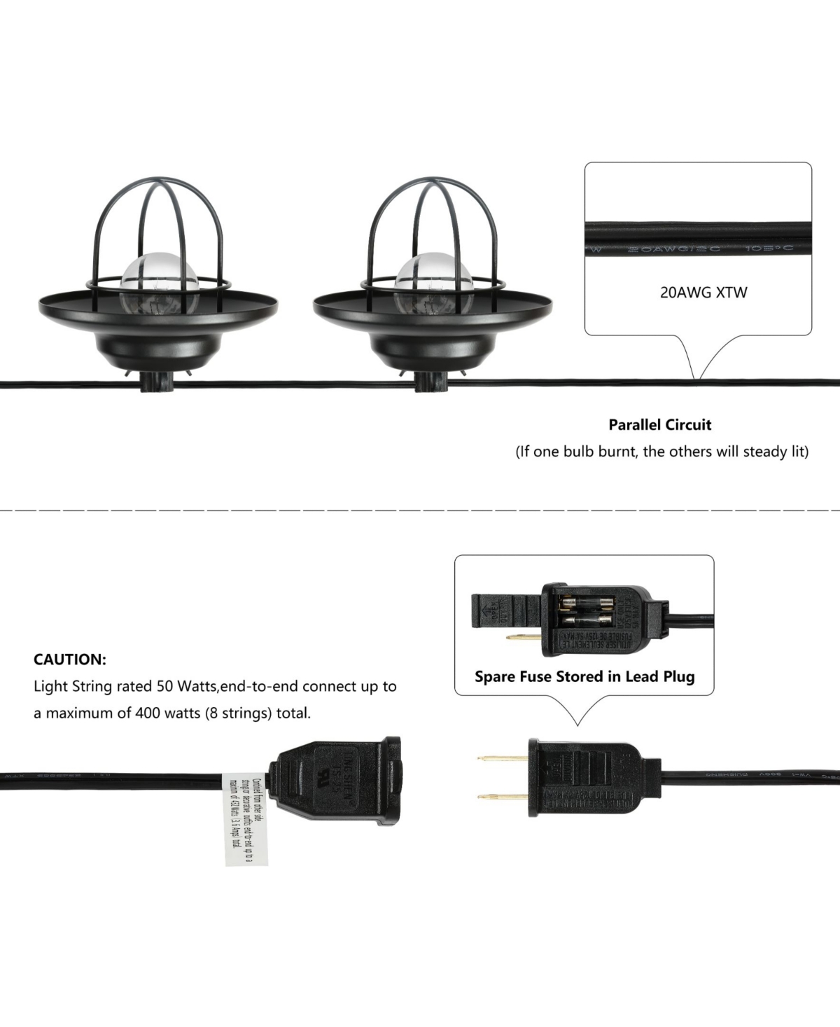 10-Light Indoor and Outdoor Rustic Farmhouse Incandescent G40 Metal Cage Shade String Lights