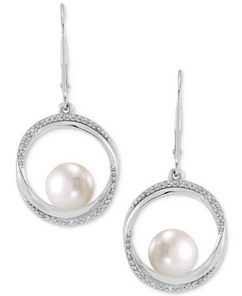 Honora - Cultured Freshwater Pearl (7mm) & Diamond (1/6 ct. t.w.) Circle Drop Earrings in 14k White Gold