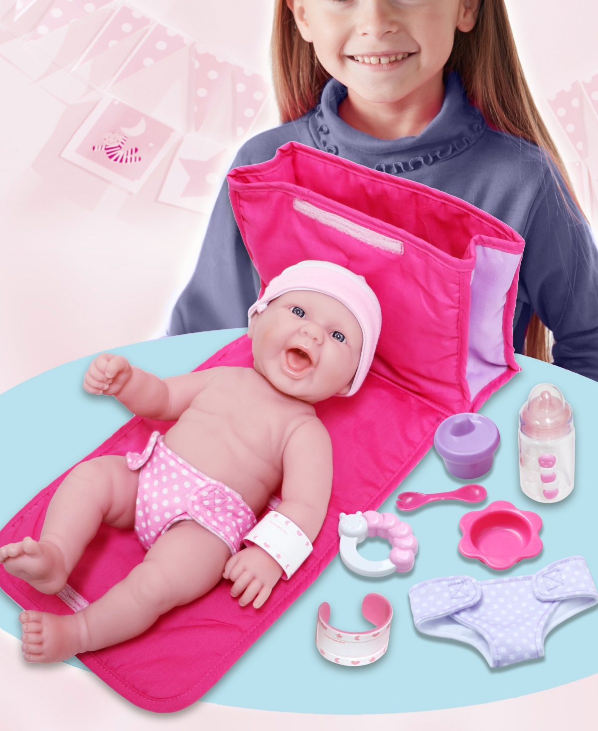 Jc Toys La Newborn 13" Smiling Baby Doll 10 Pcs Diaper Bag Gift Set In Diaper Bag Set - Pink