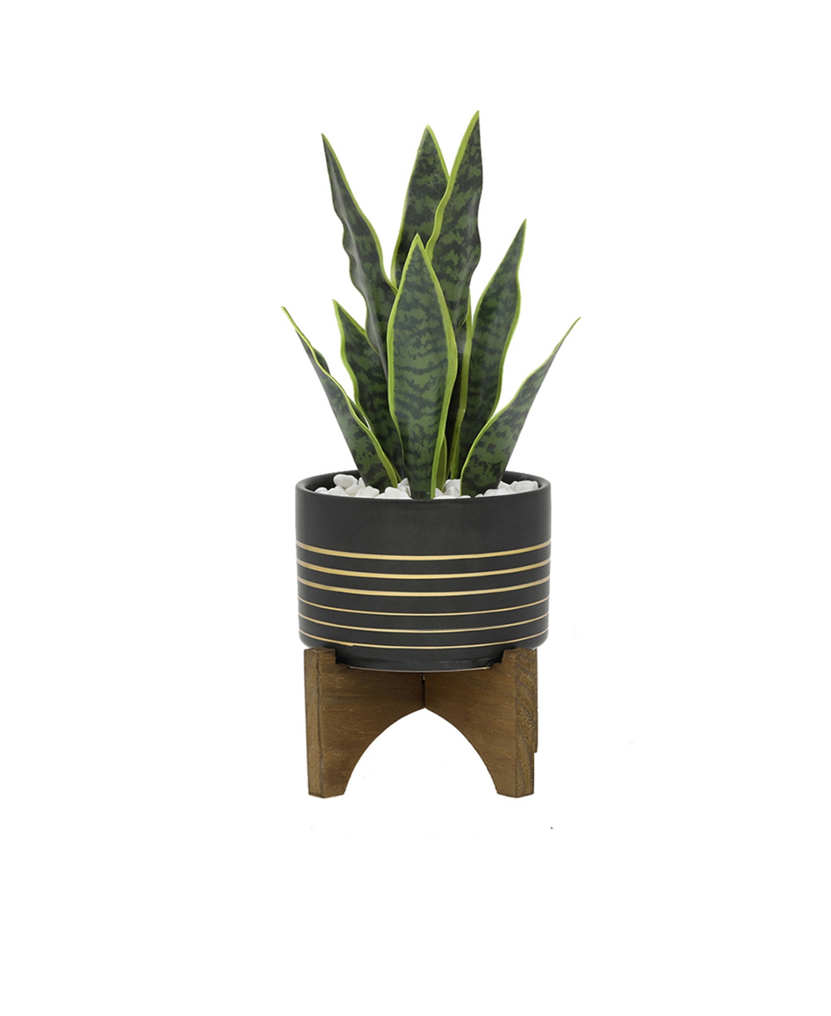 12" Artificial Snake Plant in 4.75" Ceramic Planter on Wood Stand - Black, Green-Plants