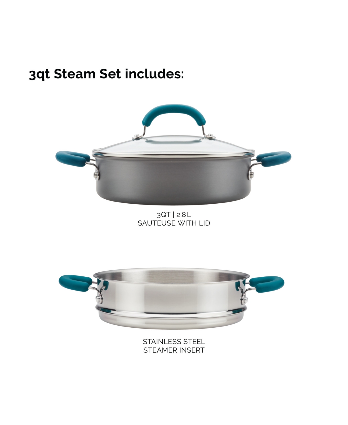 Rachael Ray Create Delicious Hard Anodized Aluminum Nonstick 3-Qt. Steam Set - Gray With Teal Handles