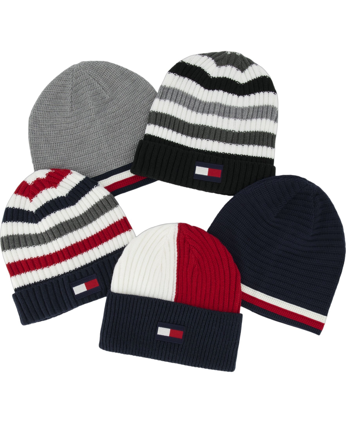 Tommy Hilfiger Men's Rib Knit Striped Fold-up Cuff Hat In Snow White,sky Captain,apple Red,char