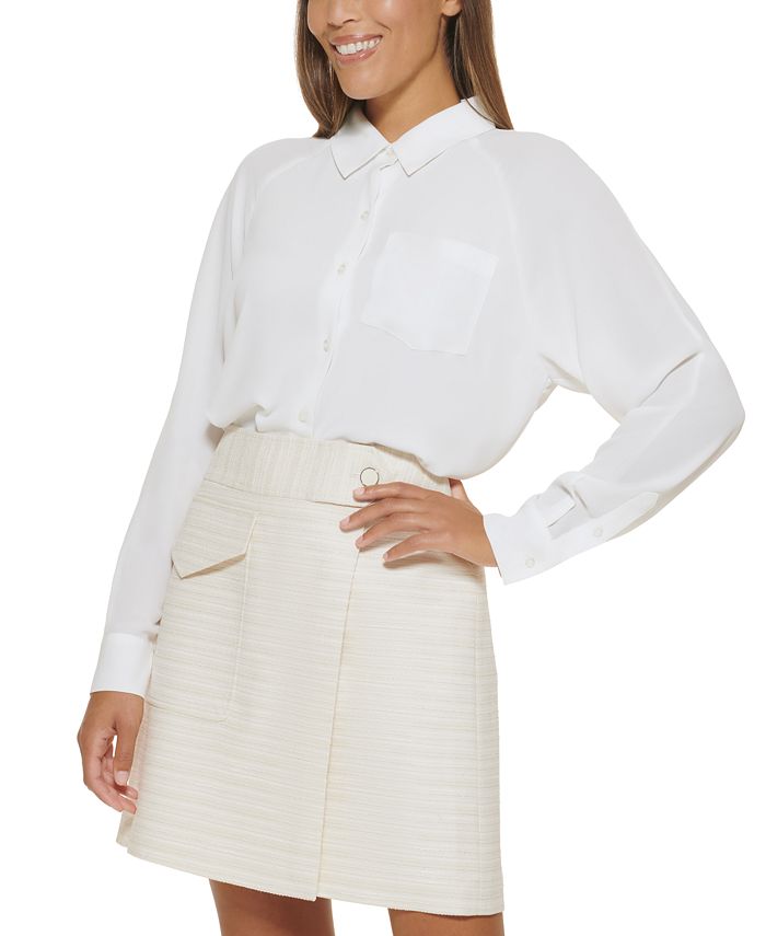 Calvin Klein X-Fit Long Sleeve Button Down Blouse - Macy's