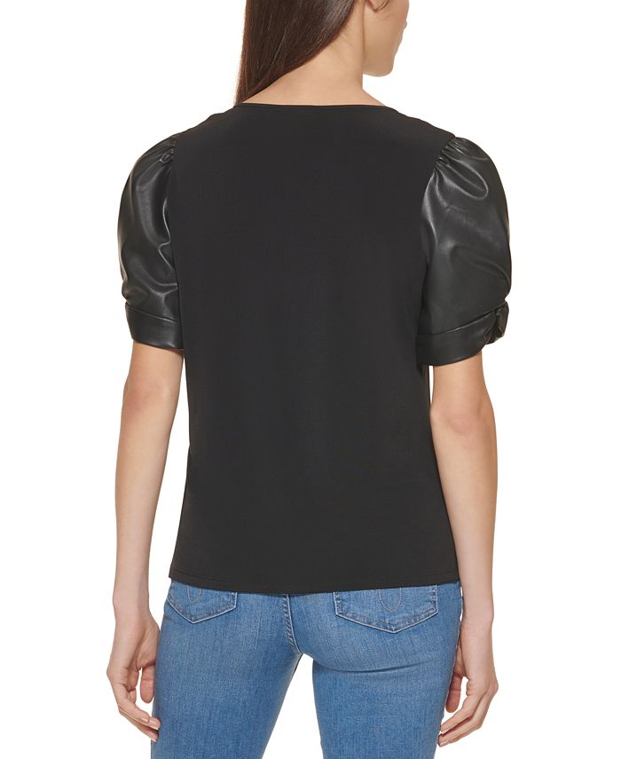 Calvin Klein Faux Leather Puff Sleeve Top Macy's