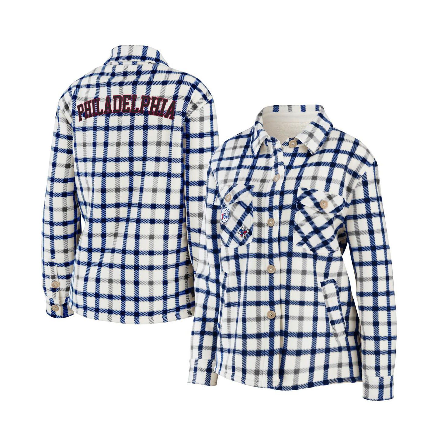 Женская куртка WEAR by Erin Andrews Oatmeal Philadelphia 76ers Plaid Button-Up Shirt Jacket — фото 1